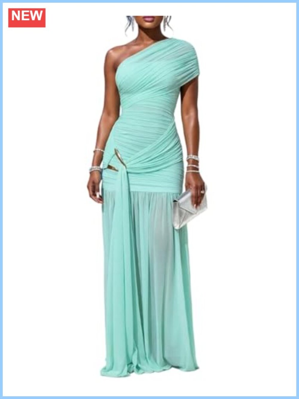 Women's One Shoulder Mesh Maxi Formal Dress High Slit Pleated Evening Gown
